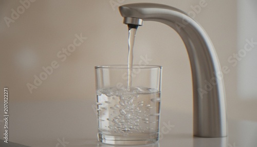 Foto A close-up shot of a modern kitchen faucet pouring fresh, clear drinking water into a glass, showcasing purity and hydration