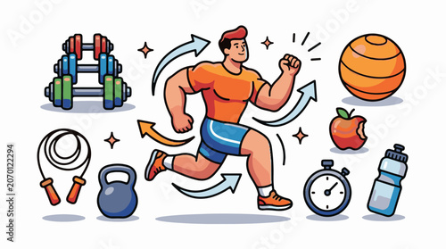 A cartoon man runs among fitness equipment and healthy snacks