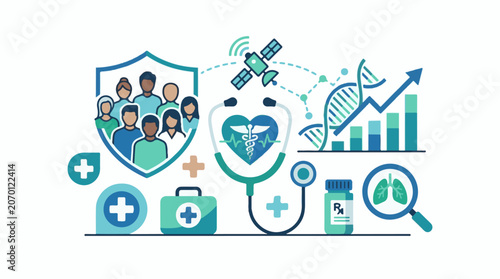 A blue and green medical infographic with people, shield, stethoscope, and health symbols
