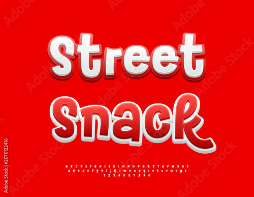Vector Marketing poster Street Snack. Modern White and Red Font. Decorative Alphabet Letters and Numbers set.