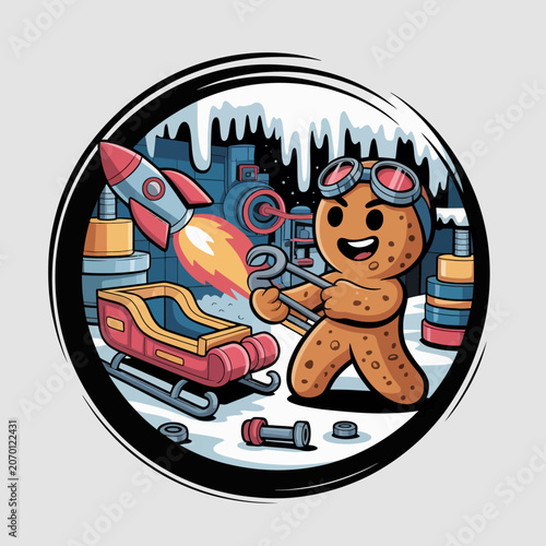 Whimsical gingerbread man with rocket sleigh.