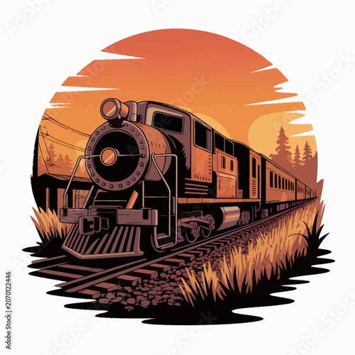 Vintage steam train at sunset journey.