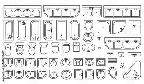 Bild auf Leinwand Bathroom sanitary ware icons set 3, elements of sanitary graphics of washbasins,