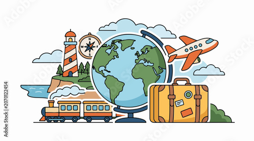 A cartoon illustration of travel-related icons