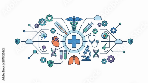 Medical symbols and icons connected to a central blue cross
