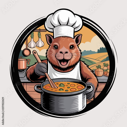 Cartoon Guinea Pig Cooking Soup in Pot.