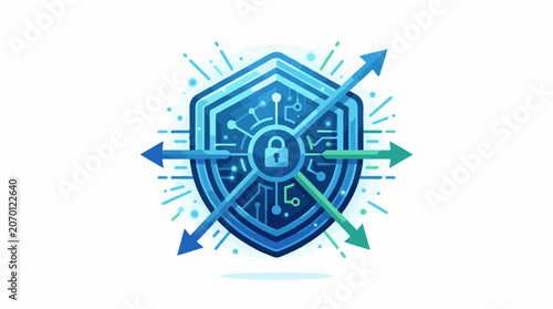 A blue shield with a lock and circuit board design intersected by arrows