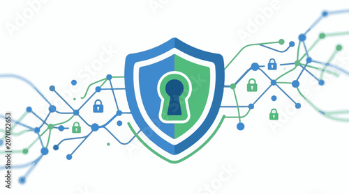 A blue and green shield with a keyhole surrounded by locks and network lines
