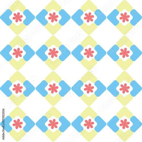 Square blue geometric decoration pattern with pink flower for background