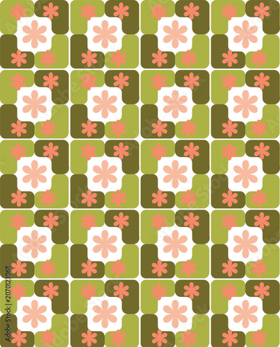 Square green geometric decoration pattern with pink flower for background