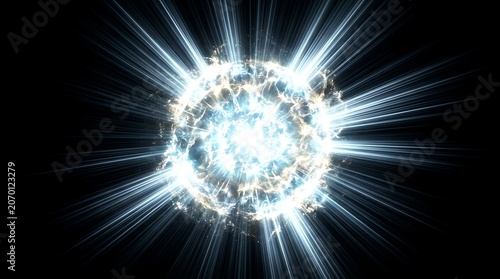 Brilliant glowing sphere of intense white and blue light radiating powerful energy beams outward into a deep black void creating a dynamic and ethereal cosmic effect