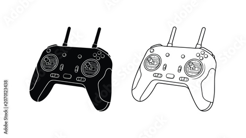 Drone remote control vector icons, radio transmitter for FPV racing and UAV flight, black and white line art illustrations of quadcopter controller