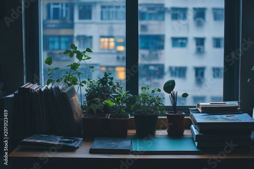 A photo of plants in pots on the desk, with books and stationery beside them. The window is behind it, through which you can see buildings outside