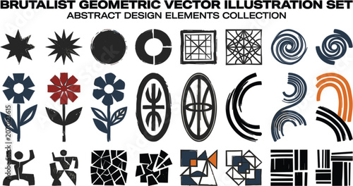Fotografie Brutalist Geometric Vector Illustration Set Featuring Textured Abstract Shapes G