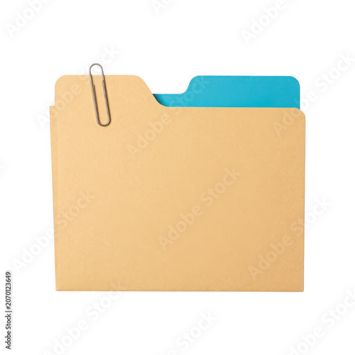 Manila file folder with paperclip isolated on transparent background