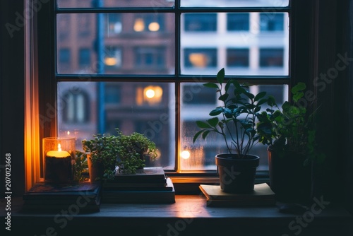 A photograph of a window sill with plants and books, in a dimly lit room, with the city visible outside 