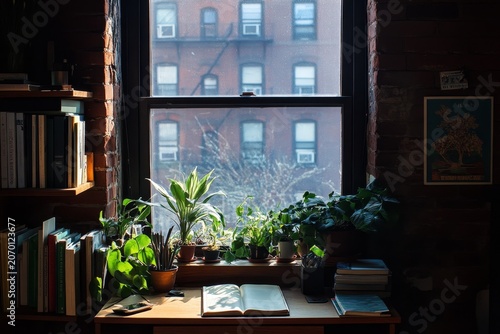 A photo of plants in the office, a window with a city view, books on the desk, and a dark room