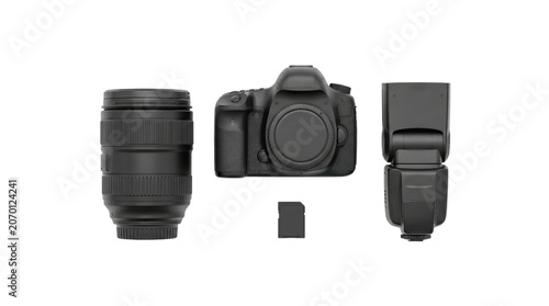 Top view flat lay of monochrome 3d clay camera equipment layout isolated on transparent background.