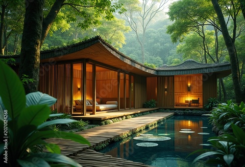 Open Air Bamboo Temple Serene Jungle Retreat Tranquil Sanctuary Inviting Wilderness