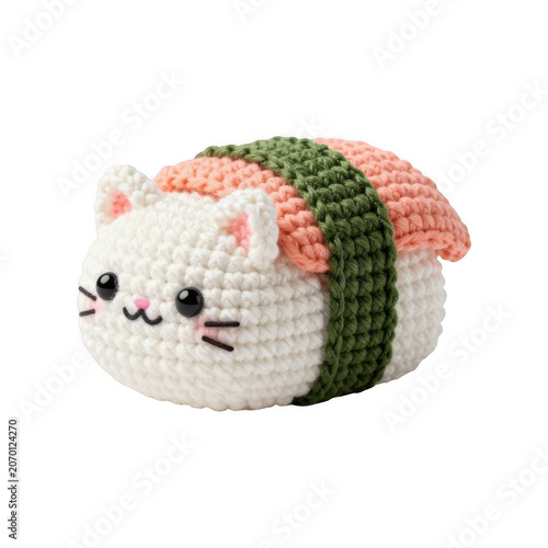Cute crochet cat sushi amigurumi toy isolated on transparent background
