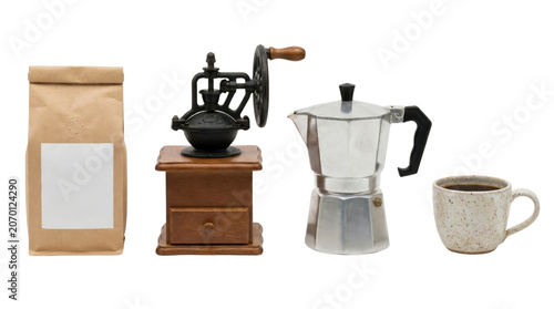Traditional coffee preparation kit featuring a craft pouch vintage wooden mill silver geyser maker and ceramic mug isolated on transparent background.