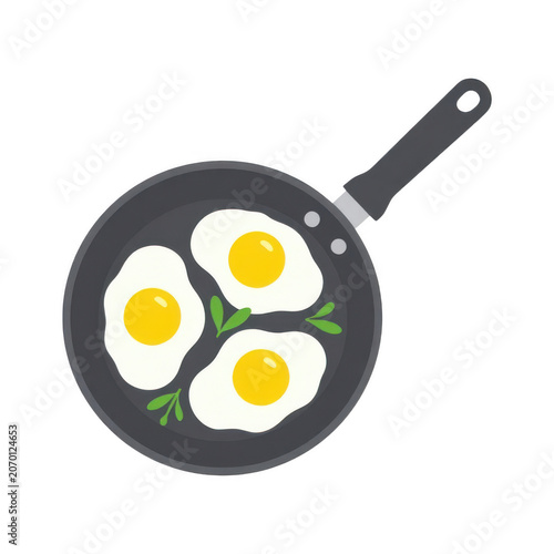 Breakfast concept three fried eggs in a frying pan isolated on transparent background