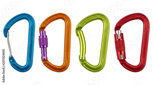 Four colorful metal climbing carabiners with locking gates isolated on transparent background.