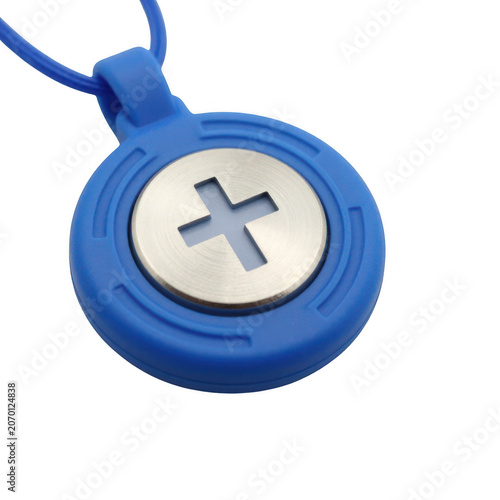 Blue pendant with a silver cross isolated on transparent background