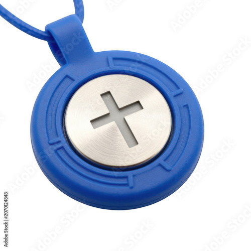 Blue silicone pendant with a metal cross insert isolated on transparent background