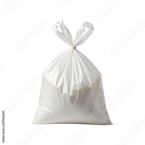 White plastic trash bag tied with handles isolated on transparent background