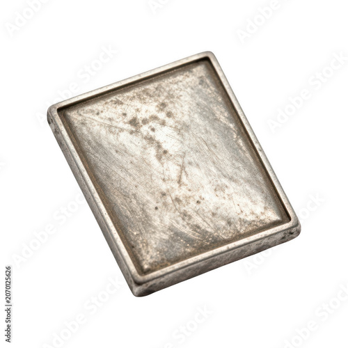 Empty rectangular metal tray with scratches and tarnish, isolated on transparent background