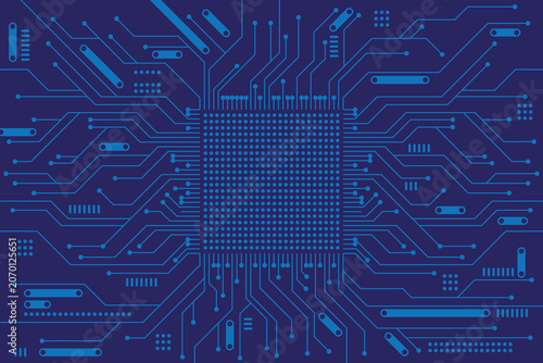 Blue Circuit Board with Central Processor Unit