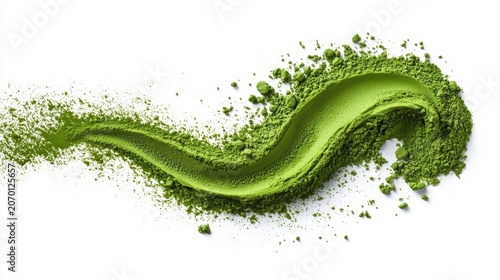 Matcha powder air isolated on white background,superfood powder,diet and healthy life,green tea powder,Japanese tea leaves,popular menu trendy, wellness concept.