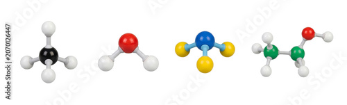Four simple colorful chemical molecular models representing basic organic compounds isolated on transparent background.