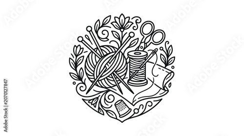 Bild auf Leinwand Crafting tools in circular floral emblem with knitting and sewing