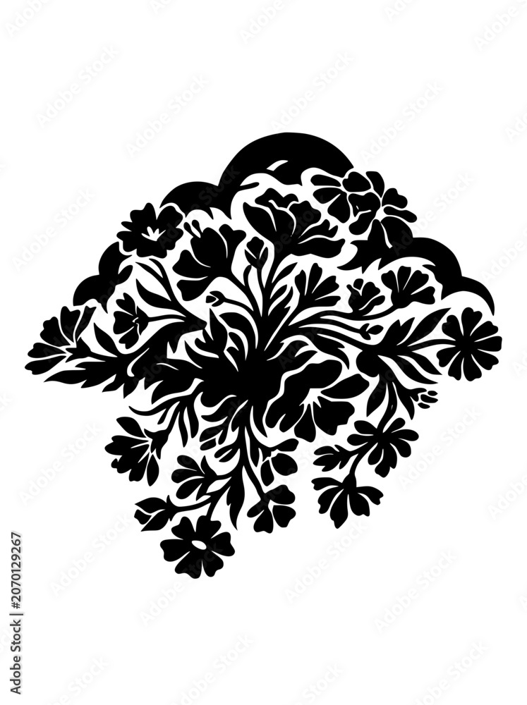 Fototapeta premium Black and white floral bouquet silhouette illustration for decorative design