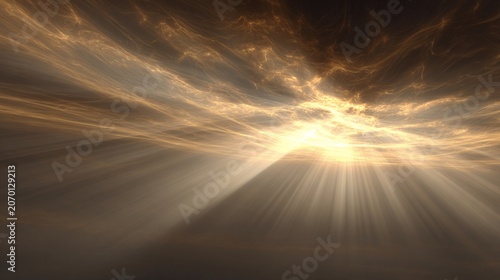 Golden Divine Light Rays Piercing Through Dramatic Clouds in a Heavenly Sky