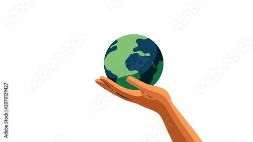Flat cartoon digital illustration of warm brown skin hand holding stylized globe, emerald green sphere with royal blue continental shapes, central hand layout on plain stark white background for ecolo