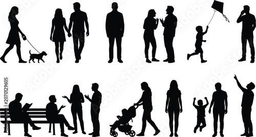 Bild auf Leinwand People in park silhouette set with family, couples, children, and pet owners vec