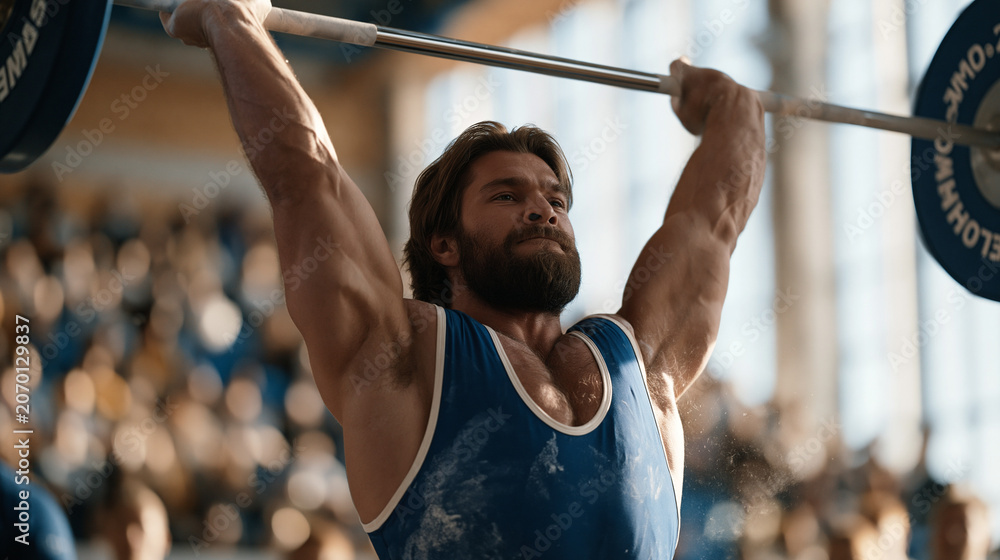 Fototapeta premium Competitive Olympic weightlifter mid-snatch under a loaded barbell at the apex of the lift, knees driven out, perfect overhead lockout, sports hall platform, chalk floating from
