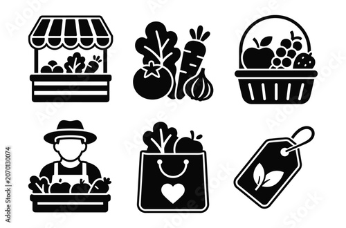 Foto Black and white flat design icons showcase gardening tools, produce, and farm market essentials arranged in a cohesive layout