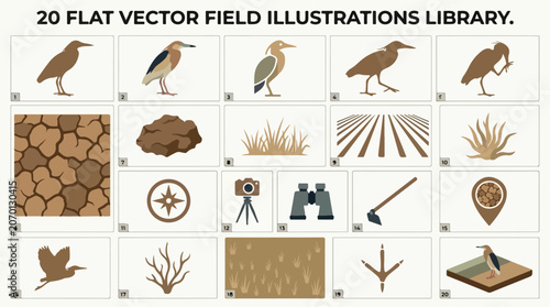 Konstfotografi Flat vector field illustrations library, 20 agriculture and nature icons set, mi