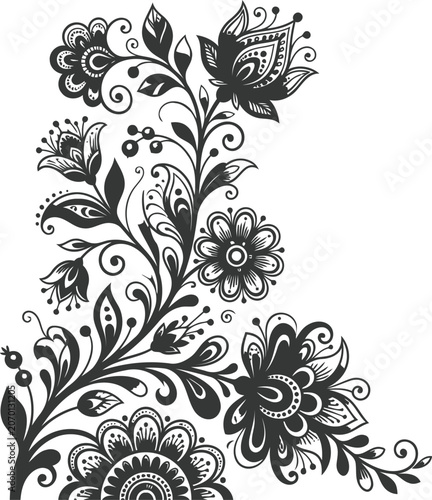 Φωτογραφία Floral pattern, black and white vector illustration with stylized flowers and le