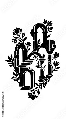 Surreal Ancient Ruins Silhouette with Arches Stairs and Floral Elements