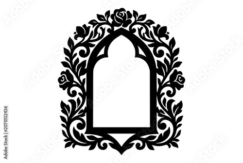 Vintage Black and White Ornate Floral Arch Frame with Roses