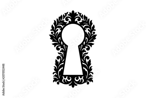 Vintage Ornate Keyhole Silhouette with Decorative Floral Filigree Border