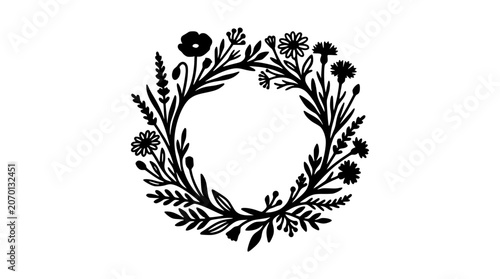 Wildflower Wreath Silhouette Illustration for Botanical Wedding Design