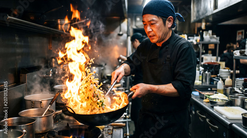 激しい炎で炒飯を作る中華料理人