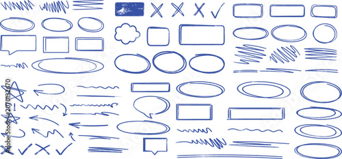 Bild auf Leinwand Blue hand drawn annotation frames, highlights, arrows and scribble elements vector pack