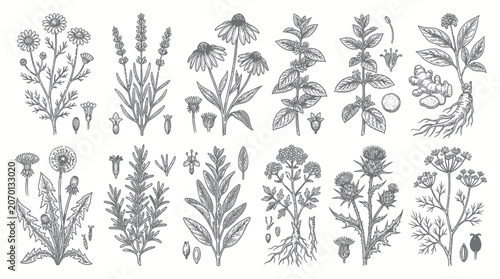 Bild auf Leinwand Hand drawn collection of medicinal herbs and botanical plants